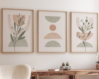 sage green boho 3er drucke, mid century moderne wandkunst 3er set, abstrakt, botanisch, grün, blush pink, neutral, beige, trio druck