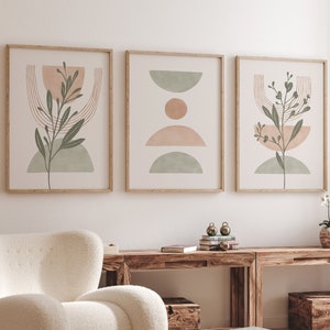 sage green boho set of 3 prints, mid century modern wall art set of 3, abstract, botanical, green, blush pink, neutral, beige, trio of print