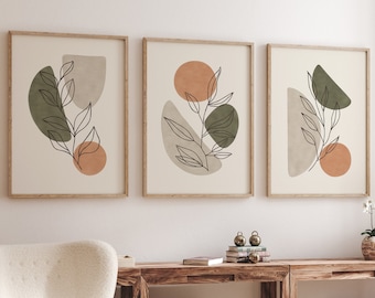 green and orange boho botanical wall art set of 3, set of 3 boho prints, Sage Green Beige terracotta rust abstract boho printable wall art