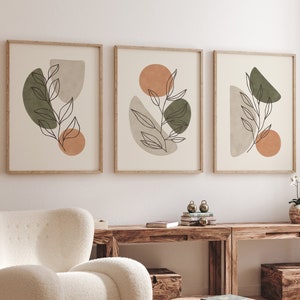 green and orange boho botanical wall art set of 3, set of 3 boho prints, Sage Green Beige terracotta rust abstract boho printable wall art