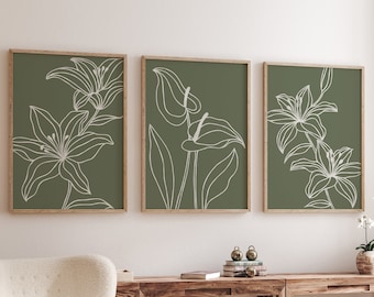 Dark Green Botanical Line Art Prints: Boho Home Decor (Digital Download)