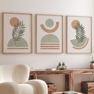 mid century modern wall art set of 3, sage green and brunt orange wall art, boho art set of 3 prints, peach blush Earth Tone tropical print