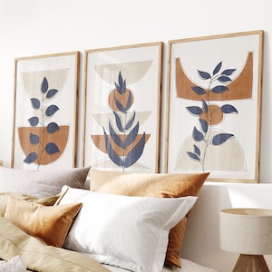 Marine blau und orange druckbare Wandkunst 3er Set, abstrakte Boho Digital Art Prints, Boho Wandkunst, botanisch geometrisch 3 Stück Wandkunst Set
