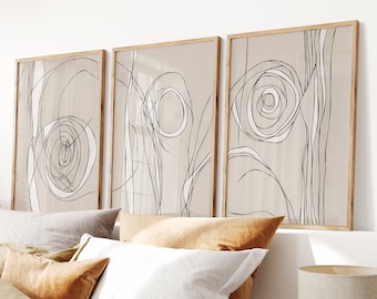 Abstract Line Art Prints: Beige & Black Minimalist Set of 3 (Digital Download)