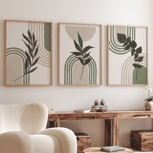 green and beige printable wall art set of 3, sage boho leaves wall prints, mid century modern dark olive Geometric Shapes digital artwork