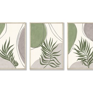 Image showcasing Set of 3 Boho Green Wall Art, Sage Green Triptych Wall Art, Tropical ...