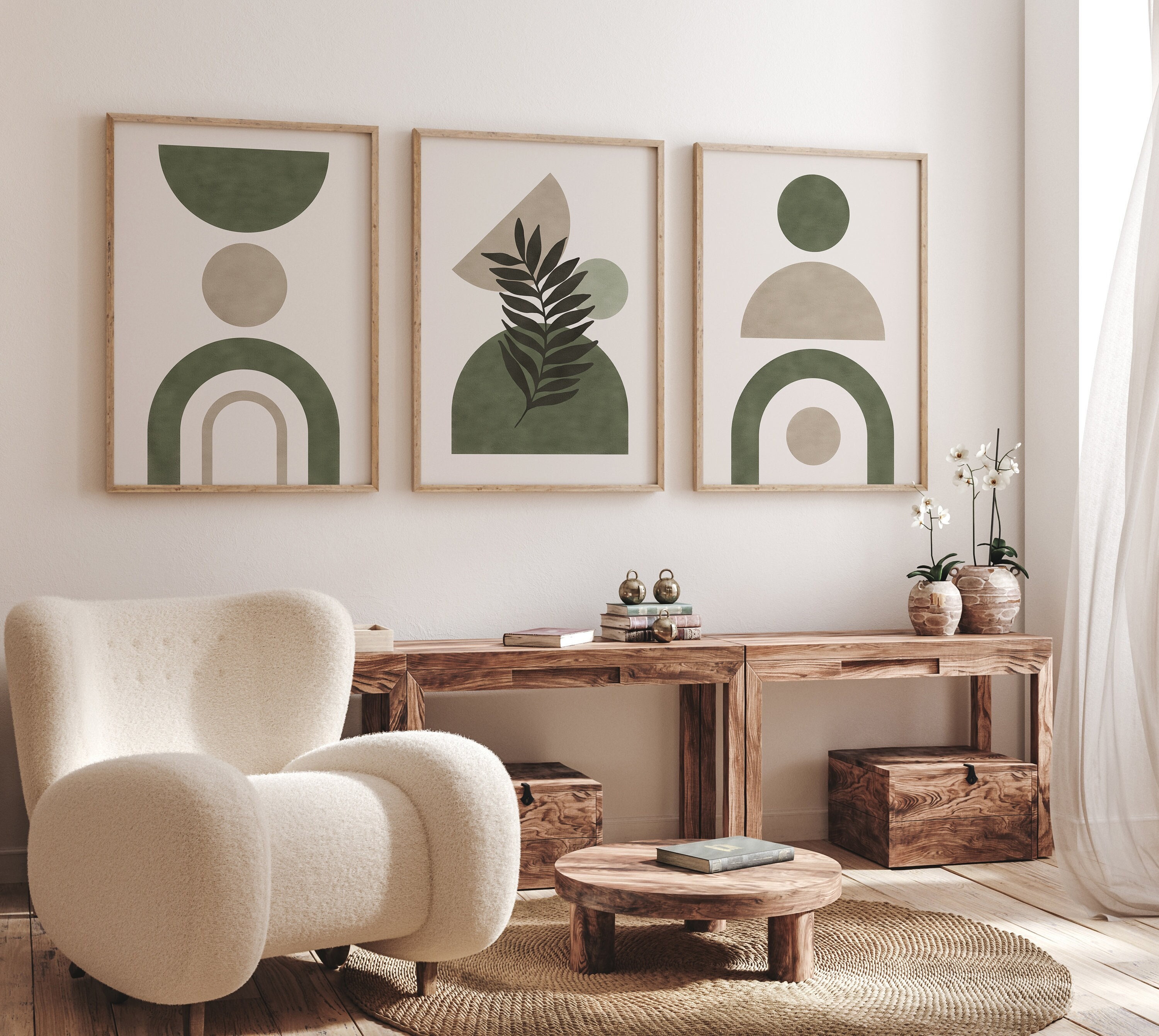 mid century modern wall art set of 3, sage green wall art, boho prints set of 3, geometric botanical beige and green trio of printable art