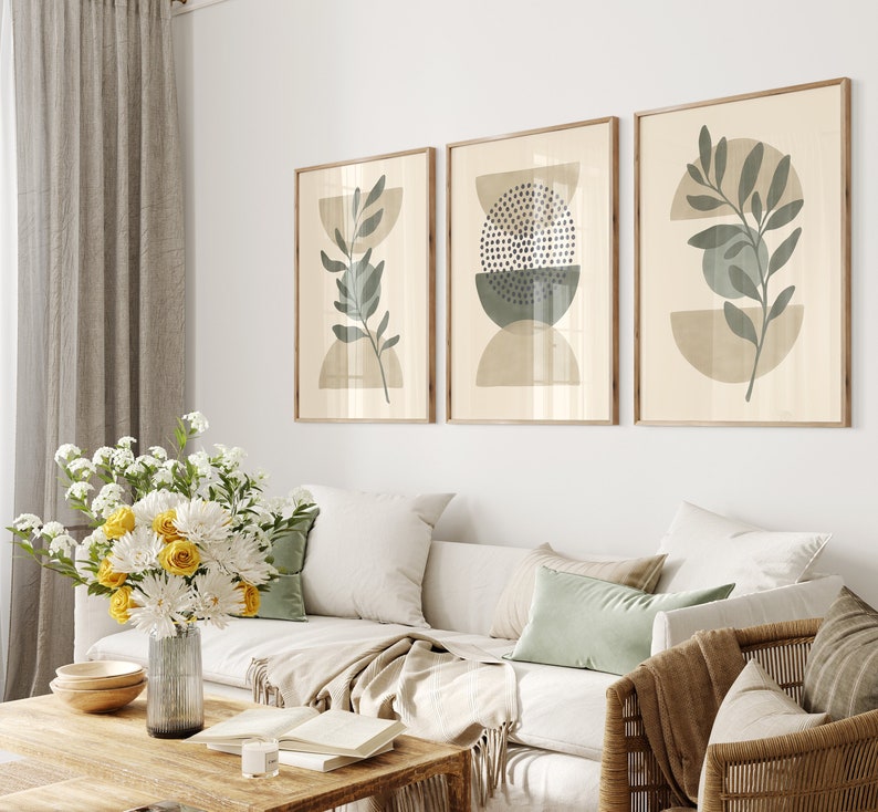 Sage Green Boho Botanical Wall Art Set of 3 Prints Mid Etsy