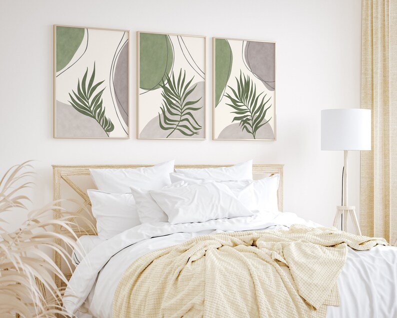 Picture of Set of 3 Boho Green Wall Art, Sage Green Triptych Wall Art, Tropical ...