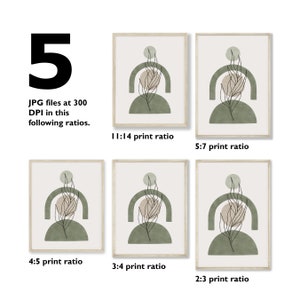 May include: Five printable digital art prints featuring a minimalist design with a green and beige color scheme. The design includes a stylized leaf, a semi-circle, and a circle. The prints are available in five different aspect ratios: 11:14, 5:7, 4:5, 3:4, and 2:3.