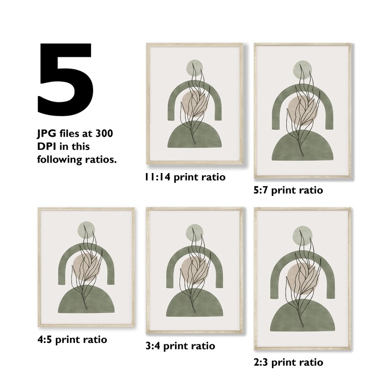 May include: Five printable digital art prints featuring a minimalist design with a green and beige color scheme. The design includes a stylized leaf, a semi-circle, and a circle. The prints are available in five different aspect ratios: 11:14, 5:7, 4:5, 3:4, and 2:3.