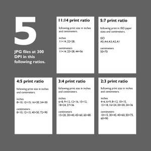 May include: A chart showing different print ratios for JPG files at 300 DPI. The chart lists the ratios, the corresponding print sizes in inches and centimeters, and the ISO paper sizes for the 5:7 ratio.