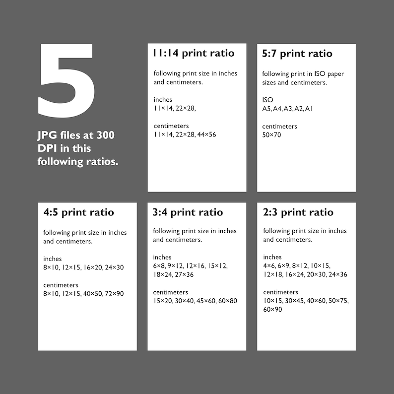 May include: A chart showing different print ratios for JPG files at 300 DPI. The chart lists the ratios, the corresponding print sizes in inches and centimeters, and the ISO paper sizes for the 5:7 ratio.