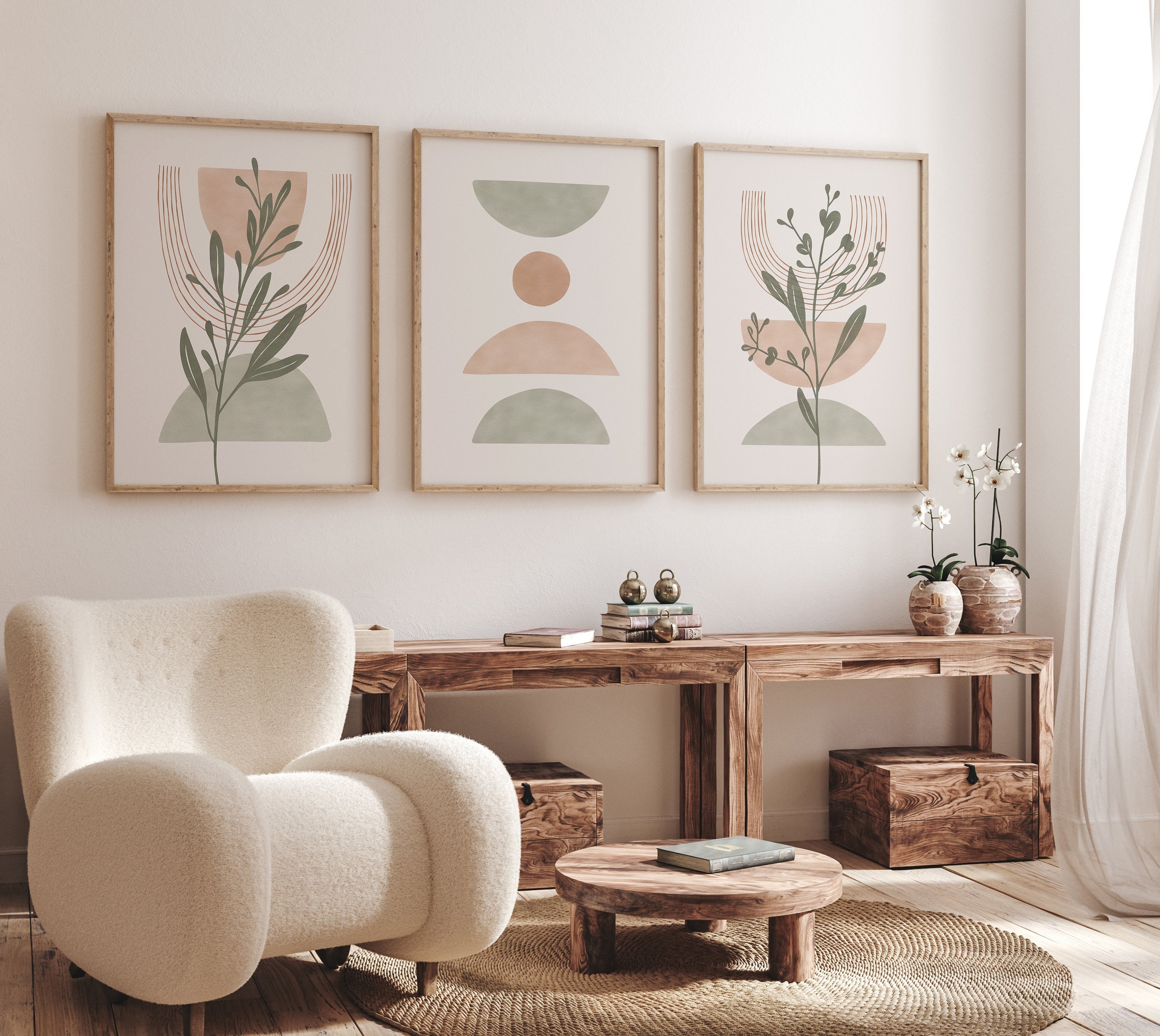 Sage Green Boho Set of 3 Prints Mid Century Modern Wall Art - Etsy UK