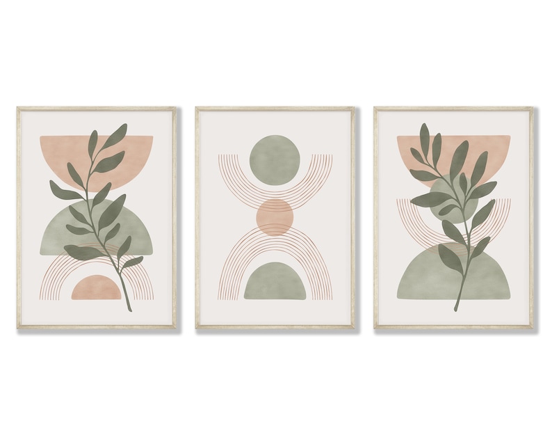 May include: Set of three framed prints with abstract geometric shapes in shades of green and pink, with a stylized leaf branch in each print.