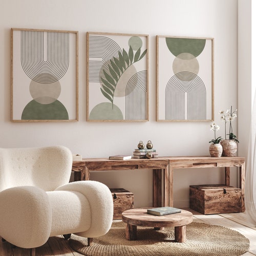 Sage Green Boho Botanical Wall Art Set of 3 Prints Mid Etsy