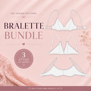 Op de afbeelding: Een PDF-naaipatroonbundel met drie verschillende bralette-ontwerpen, geïllustreerd in witte lijntekeningen op een zachtroze achtergrond. De tekst luidt PDF SEWING PATTERNS, BRALETTE BUNDLE, 3 STYLES IN 1 BUNDLE en SEW YOUR OWN PERFECT FIT.