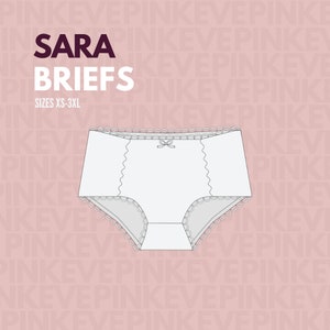 Könnte beinhalten: Weiße Baumwoll-Slips mit Spitzenbesatz und einer kleinen Schleife. Der Text "SARA BRIEFS" und "SIZES XS-3XL" ist auf dem Bild gedruckt.