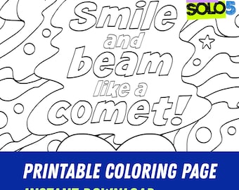 彗星のように微笑んで輝くぬり絵ページ（印刷可能）｜宇宙の肯定のぬり絵｜プラネットカラー