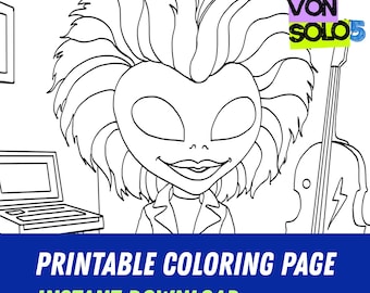 エイリアンロックスターのぬり絵ページ | コズミックミュージックキャラクターの印刷可能（PDF）