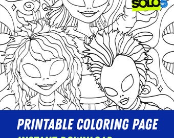 印刷可能なエイリアンロックスターのぬり絵ページ | 宇宙の大人向けぬり絵 | デジタルダウンロード