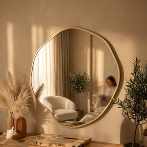 Round Asymmetric Wall Mirror,  Organic Modern Home Decor Statement Mirror