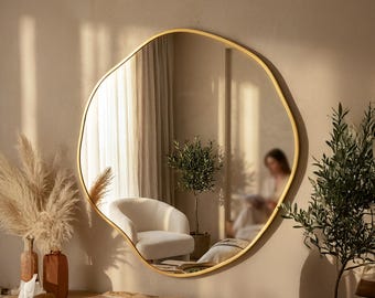 Round Asymmetric Wall Mirror,  Organic Modern Home Decor Statement Mirror