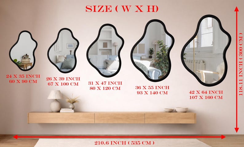 May include: Five irregular, black-framed wall mirrors of varying sizes, ranging from 24 x 35 inches to 42 x 64 inches. The text 'SIZE (W X H)' appears at the top, with specific dimensions listed below each mirror in inches and centimeters.