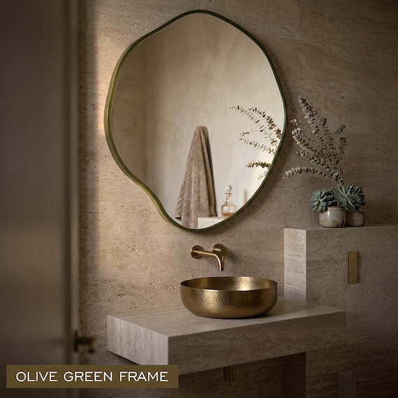 Contemporary Organic Mirror, Olive Green Frame Wall Decor Mirror