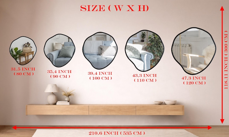 Peut inclure: Cinq miroirs muraux aux formes organiques irr&eacute;guli&egrave;res avec des cadres noirs, pr&eacute;sent&eacute;s par tailles croissantes de 80 cm &agrave; 120 cm. L'image inclut des &eacute;tiquettes de texte pour les dimensions, une hauteur totale de 300 cm et une largeur de 535 cm.
