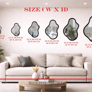 May include: Six irregular, organic-shaped wall mirrors with black frames, displayed in ascending sizes from 8x12 inches to 21x31 inches. The text SIZE (W X H) appears above the mirrors, with specific dimensions listed below each mirror.