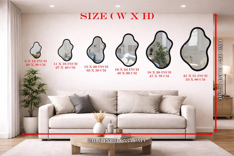 May include: Six irregular, organic-shaped wall mirrors with black frames, displayed in ascending sizes from 8x12 inches to 21x31 inches. The text SIZE (W X H) appears above the mirrors, with specific dimensions listed below each mirror.