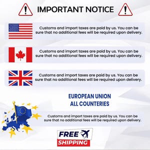 May include: An informational graphic titled IMPORTANT NOTICE with red warning triangles. It lists flags for the USA, Canada, UK, and the European Union, stating that customs and import taxes are paid by the seller with no additional fees upon delivery.