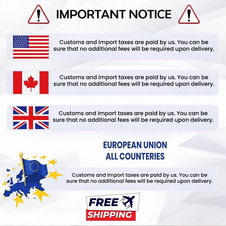 May include: An informational graphic titled IMPORTANT NOTICE with red warning triangles. It lists flags for the USA, Canada, UK, and the European Union, stating that customs and import taxes are paid by the seller with no additional fees upon delivery.