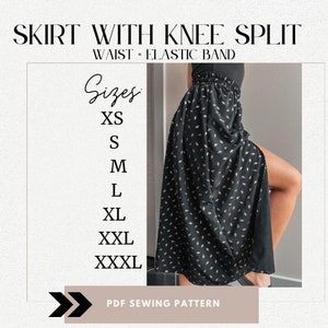 Skirt pattern Lena, flared midi skirt sewing pattern PDF for women, easy slit skirt with elastic band - instant download, sizes XS - XXXL