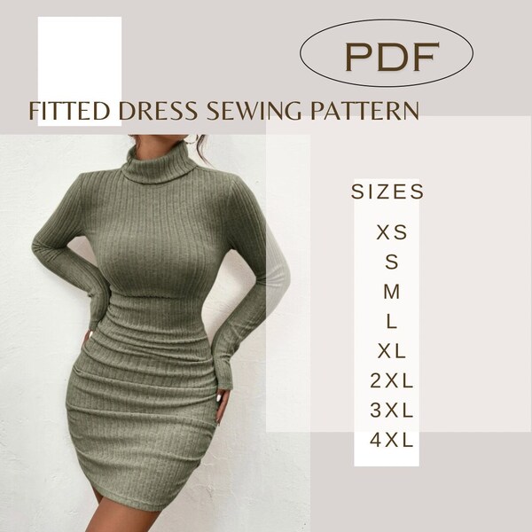 Fitted Midi Dress Sewing pattern, Knee Length Dress, High Neck Pencil Dress, Turtleneck Dress, Long Sleeve Dress, Phoebe Dress, Marcella PDF