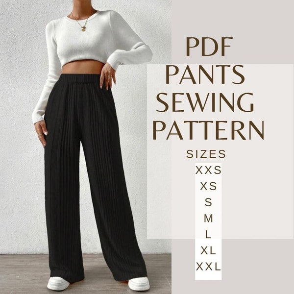 PDF Schnittmuster, Hose mit weitem Bein, Bundfaltenhose, Hohe Taille, Palazzohose, Leinenhose, Einfaches Schnittmuster