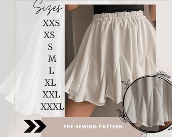 May include: A white skirt with a ruffled hem and an elastic waistband. The skirt is shown in sizes XXS to XXXL. The text "SKIRT WITH WEDGES" and "PDF SEWING PATTERN" is also visible.
