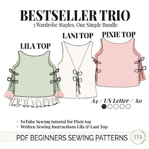 May include: An illustration of three women's tops: the Lila Top in pale green with a frilled hem, the Lani Top in white with a lace-up front, and the Pixie Top in pink with side ties. The text reads "BESTSELLER TRIO".