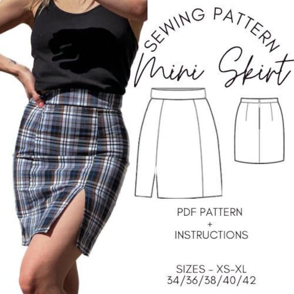 Women's Mini Skirt with Front Split Sewing Pattern, Skirt Pattern, PDF Sewing, High Wasted Skirt, With Leg Split,
