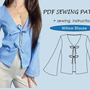 Könnte beinhalten: PDF-Schnittmuster für eine Willow Bluse mit langen Ärmeln und einem Bindedetail vorne. Das Schnittmuster enthält Nähanleitungen.