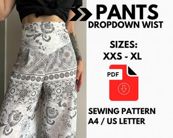 Wide Leg Pants Sewing Pattern: Drop-Down Waist, Sizes XXS-XL (PDF Pattern)