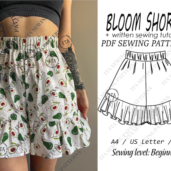 Patrón de costura para shorts Bloom: dobladillo con volantes, cintura elástica (descarga en PDF, tallas XXS-XXXL)