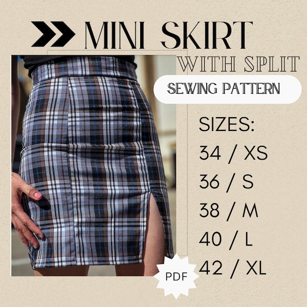 Skirt with split, mini skirt, skirt sewing pattern, high waste skirt, pdf pattern, sewing instructions, midi skirt, skirt autumn
