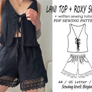 May include: Black two-piece set featuring a sleeveless top with a tie closure and matching shorts with lace trim. The image also includes a line drawing of the top and shorts, along with the text "LANI TOP + ROXY SHORTS" and "PDF SEWING PATTERN'S".