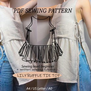 Può includere: Un cartamodello PDF per un top con volant a nodo Lily. Il cartamodello include istruzioni per un livello di cucito per principianti e un tutorial di cucito scritto. Il cartamodello è disponibile nelle dimensioni A4, US Letter e A0.