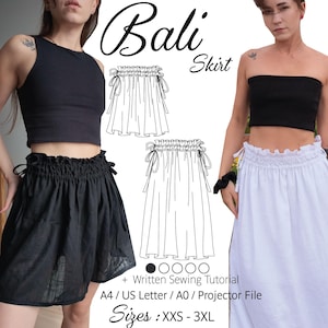 May include: A sewing pattern for a Bali Skirt featuring a gathered elastic waistband with side ties. The image displays a black mini skirt and a white maxi skirt, technical line drawings, a written sewing tutorial, and sizes XXS to 3XL.