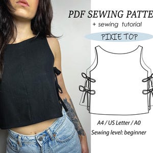 Patrón de costura para tops Pixie, tops sin mangas y tops con lazos laterales / Patrón fácil para principiantes + Tutorial ilustrado fácil / XXS - XXXL / A0, A4 y carta de EE. UU.
