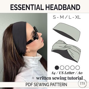 May include: A woman wearing a black headband, sunglasses, and a white jacket. The image includes a diagram of a headband and the text "ESSENTIAL HEADBAND" and "PDF SEWING PATTERN". The headband is available in sizes S-M/L-XL.