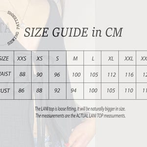 May include: Size chart in centimetres for a LANI top. The chart shows measurements for bust and waist in sizes XXS to XXXL.